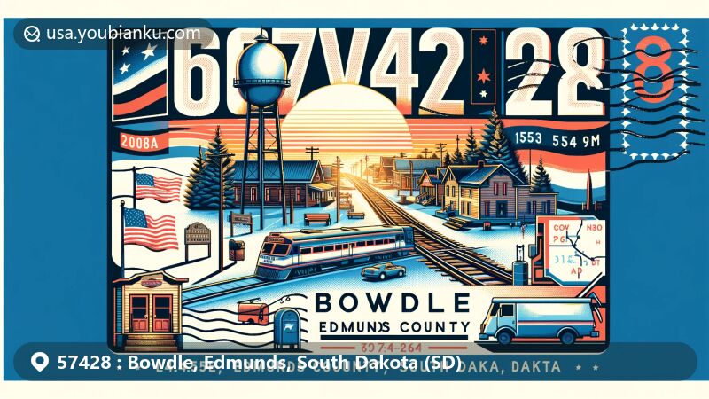 Modern illustration of Bowdle, Edmunds County, South Dakota, featuring postal theme with ZIP code 57428, showcasing geographical coordinates (45.453, -99.654), sunset on main street, winter scene with water tower, railroad tracks, and American flag.