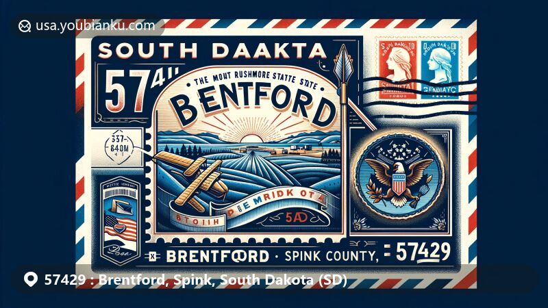 Illustration of Brentford, Spink County, South Dakota, featuring vintage airmail envelope with ZIP code 57429, showcasing South Dakota state flag, Mount Rushmore, Black Hills, and rural landscape.