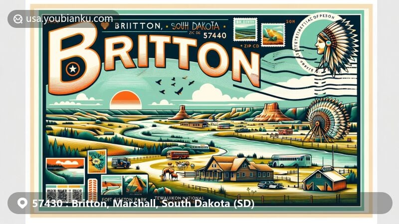 Vibrant illustration of Britton, South Dakota, ZIP Code 57430, showcasing Fort Sisseton State Park, Tewaukon National Wildlife Refuge, and Prayer Rock Museum.