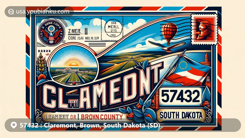 Modern illustration of Claremont, Brown County, South Dakota, designed as an airmail envelope with state symbols, featuring state flag, county map, Claremont landmarks, vintage airmail stripes, and postal theme with ZIP code 57432.