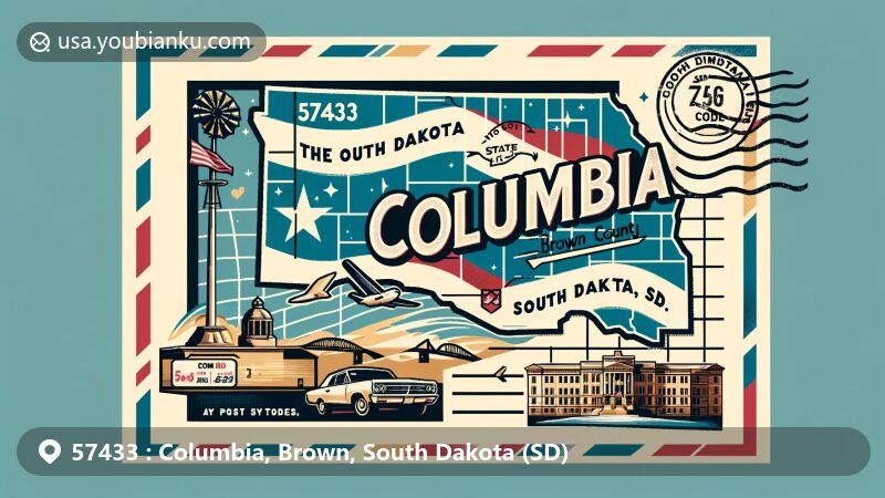 Modern illustration of Columbia, Brown County, South Dakota, showcasing postal theme with ZIP code 57433, integrating South Dakota state flag and Brown County map outline.