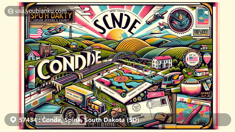 Modern illustration of Conde, Spink County, South Dakota, featuring imaginative postal-themed design with rolling hills, rural landscapes, and vintage postal elements.