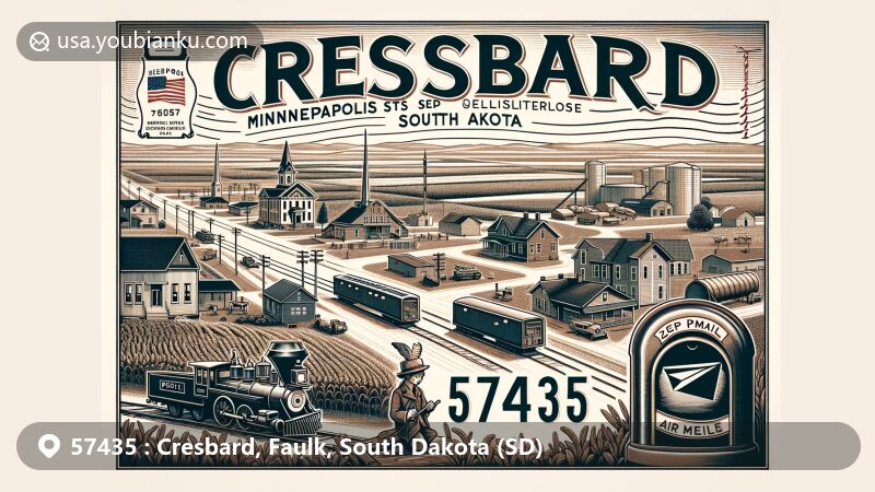 Modern illustration of Cresbard, Faulk County, South Dakota, showcasing postal theme with ZIP code 57435, featuring historical railroad connection, agricultural landscape, and classic American postal elements.