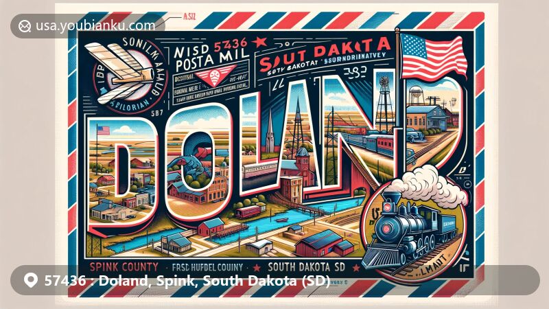 Modern illustration of Doland, Spink County, South Dakota, showcasing postal theme with ZIP code 57436, featuring historical and cultural elements of the town including former Governor Harvey L. Wollman, former Vice President Hubert Humphrey, Liberty Loan Train, and agricultural heritage.