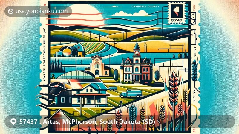 Rustic illustration of Artas, South Dakota, highlighting the town's 'bread' symbolism with wheat fields, Campbell County map outline, and postal theme with ZIP code 57437.