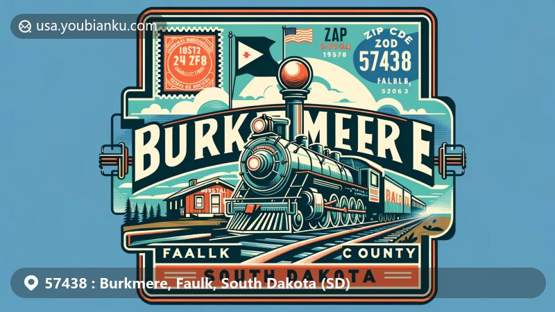 Modern illustration of Burkmere, Faulk County, South Dakota, with ZIP code 57438, showcasing vintage railway theme and honoring John M. Burke, featuring South Dakota flag and postal elements.