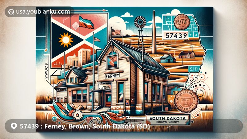 Modern illustration of Ferney, Brown County, South Dakota, featuring historic Ferney Post Office and South Dakota's unique landscape, with a contemporary postcard design showcasing postal elements and the '57439' ZIP code.
