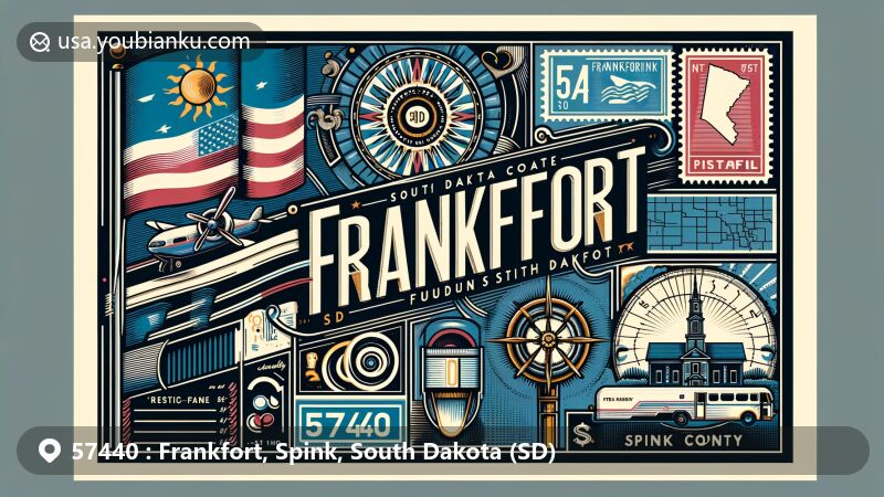 Modern illustration of Frankfort, Spink County, South Dakota, featuring the state flag, Spink County outline, local landmarks, airmail envelope, vintage stamps, postal theme, and ZIP code 57440.