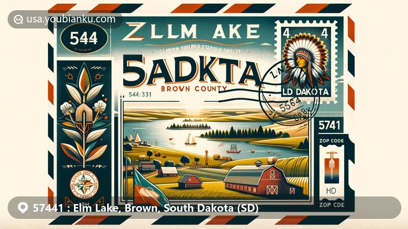 Modern illustration of Elm Lake, Brown County, South Dakota, styled as airmail envelope with ZIP code 57441, featuring local scenery and cultural symbols.