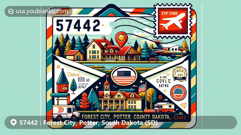 Modern illustration of Forest City, Potter County, South Dakota, with ZIP code 57442, featuring airmail envelope design with postage elements, including forest landscape, D.H. and Leah Curran House, Potter County Courthouse, and Lake Oahe.