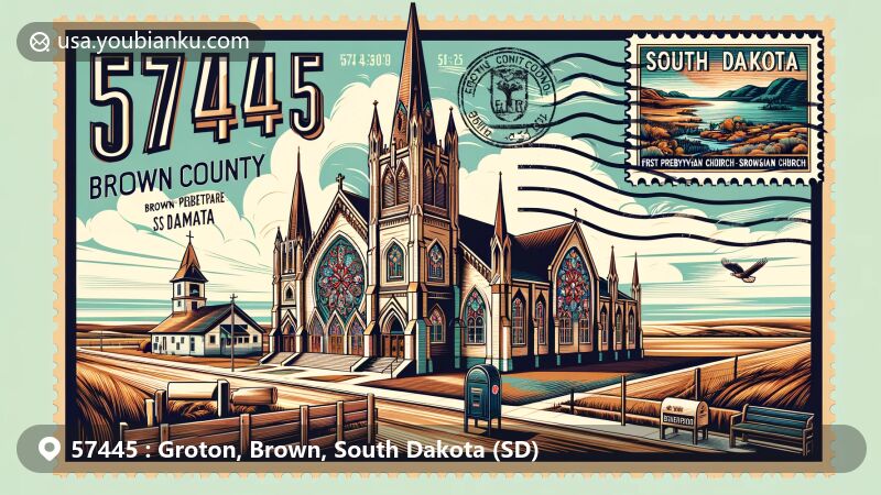 Modern illustration of Groton, Brown County, South Dakota, featuring ZIP code 57445, showcasing First Presbyterian Church with English Gothic and Tudor influences and stained-glass windows.