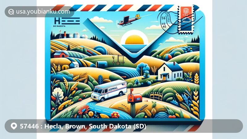 Colorful illustration of Hecla, South Dakota, capturing Great Plains scenery and agricultural life, with airmail envelope design and rural charm, featuring mailbox, mail truck, and ZIP Code 57446.