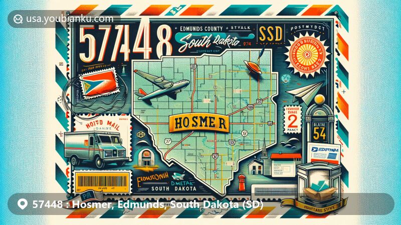 Modern illustration of Hosmer, Edmunds County, South Dakota, featuring postal theme with ZIP code 57448, vintage air mail envelope design, map outline, vintage stamp, postal cancellation mark, old-fashioned mailbox and mail truck.
