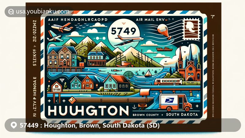 Modern illustration of Houghton, Brown County, South Dakota, featuring postal theme with ZIP code 57449, showcasing natural and cultural landmarks such as lakes, reservoirs, rivers, and historic buildings.