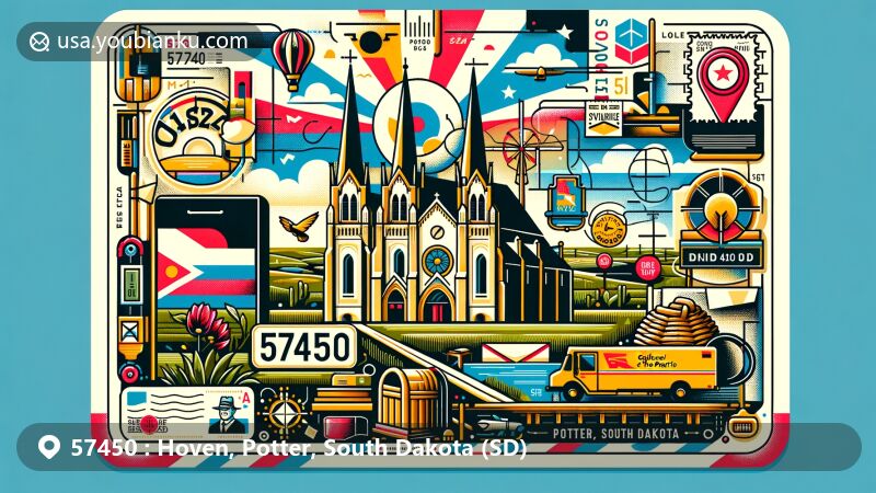 Vintage-style illustration of Hoven, Potter County, South Dakota, showcasing the Cathedral of the Prairie and South Dakota state symbols.