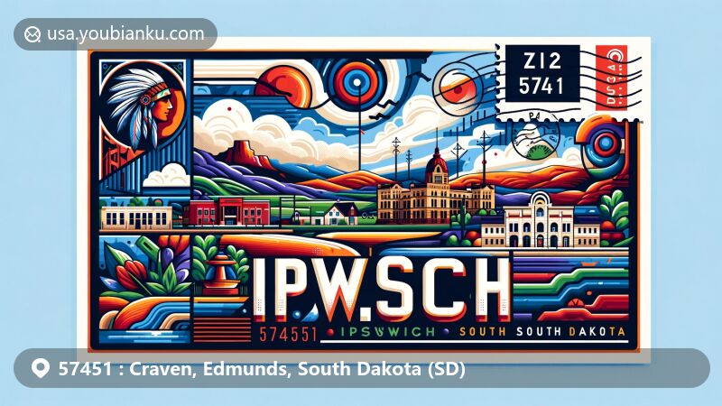 Modern illustration of Ipswich, South Dakota, showcasing postal theme with ZIP code 57451, featuring picturesque scene and symbolic elements representing South Dakota.