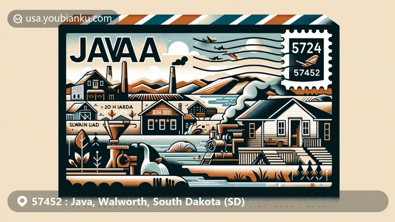 Modern illustration of Java, South Dakota, with ZIP code 57452, featuring historical elements like blacksmith shop and school building, natural landscapes of Walworth County, including Lake Hiddenwood and Swan Lake, and symbols of famous South Dakota landmarks like Badlands National Park.