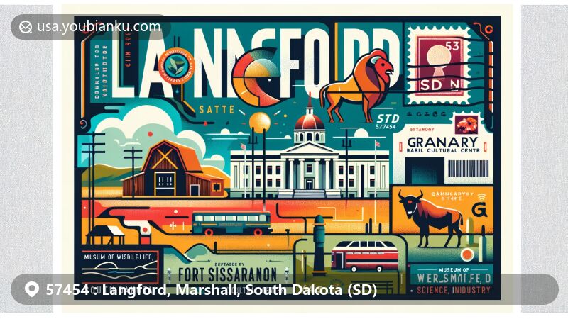 Modern illustration of Langford, South Dakota, showcasing Fort Sisseton State Park, Granary Rural Cultural Center, and Museum of Wildlife, Science, and Industry, along with postal theme featuring 'Langford, SD 57454'.