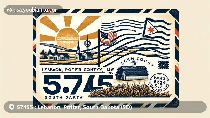 Modern illustration of Lebanon, Potter County, South Dakota, showcasing postal theme with ZIP code 57455, featuring rural postcard style, prairie landscape, and small-town ambiance.