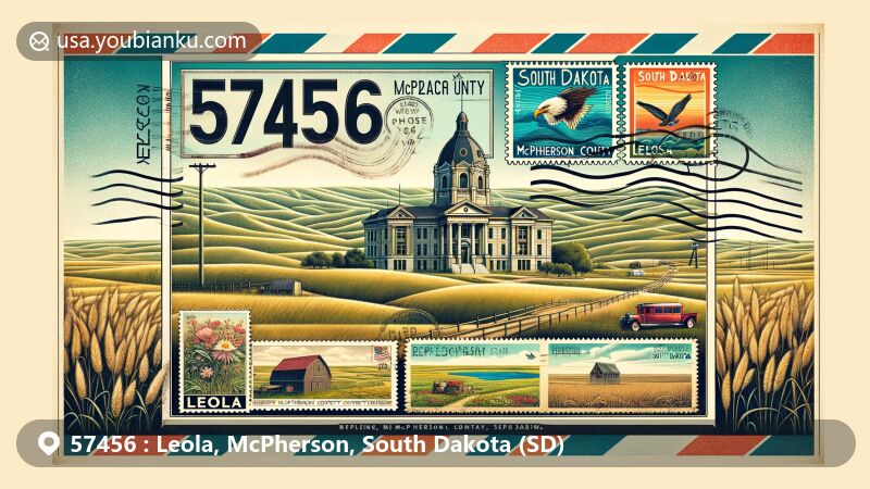 Modern illustration of Leola, McPherson County, South Dakota, representing ZIP code 57456 with a vintage airmail envelope. Featuring McPherson County Courthouse, agricultural scenes, and local symbols.
