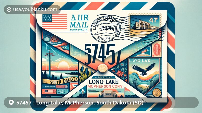 Artistic interpretation of Long Lake, McPherson County, South Dakota, featuring air mail theme with vintage postage stamp and collage of state symbols.