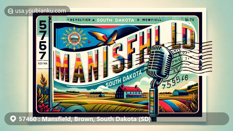 Vivid illustration of Mansfield, Brown, South Dakota, showcasing iconic elements of the state including state flag and Brown County map silhouette.