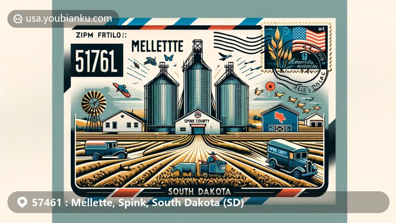 Modern illustration of Mellette, Spink County, South Dakota, showcasing postal theme with ZIP code 57461, featuring agricultural scenes, cowboys, and airmail elements.