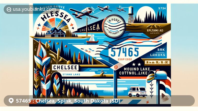 Modern illustration of Chelsea, Spink County, South Dakota, showcasing postal theme with ZIP code 57465, featuring Fisher Grove State Park, Alkali Lake, Cottonwood Lake, Twin Lakes, and cultural symbols of Mound Builders, Rees, and Sioux.