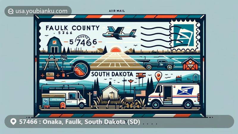 Modern illustration of Onaka, Faulk County, South Dakota, with a postal theme including postage stamp, postmark, mailbox, and postal van, all on an airmail envelope backdrop.