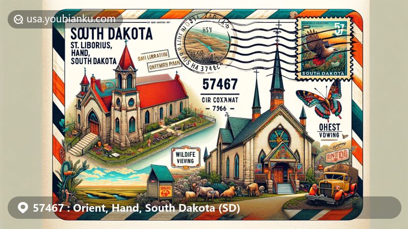 Modern illustration of Orient, Hand, South Dakota, resembling an air mail envelope, showcasing St. Liborius Parish and Hand County map, with vibrant South Dakota cultural representations and vintage postage stamp with ZIP code 57467.