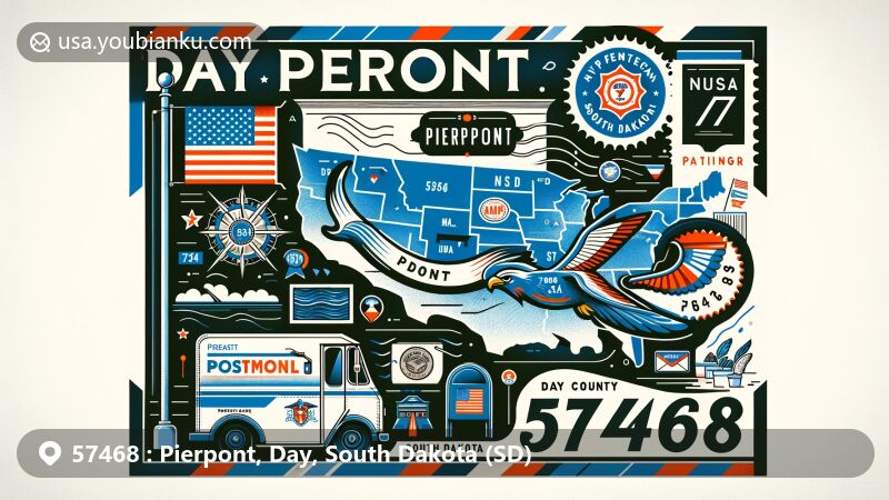 Modern illustration of Pierpont, Day County, South Dakota, showcasing postal theme with ZIP code 57468, featuring stylized map outline, South Dakota state symbols, vintage postage elements, American mailbox, and postal van.