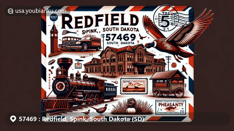 Modern digital illustration of Redfield, Spink, South Dakota, featuring landmarks like Chicago and Northwestern Depot, Norbeck-Nicholson Carriage House, and Redfield Carnegie Library, with elements from Spink County Historical Society Museum and pheasant hunting tradition.