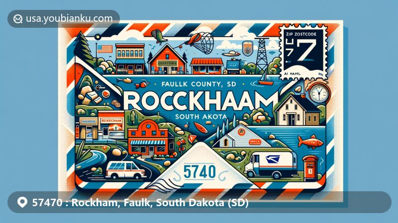 Modern illustration of Rockham, Faulk County, South Dakota, highlighting postal theme with ZIP code 57470, showcasing local shops, hiking trails, fishing spots, and education system.