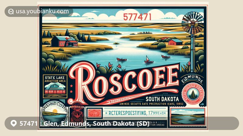 Modern illustration of Roscoe, Edmunds County, South Dakota, with postal theme for ZIP code 57471, displaying town name 'Roscoe, SD' surrounded by natural landscapes and postal elements.
