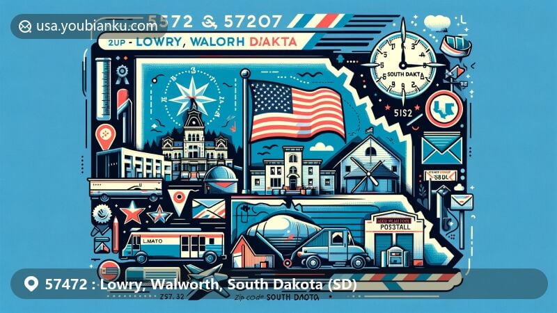 Modern illustration of Lowry, Walworth County, South Dakota, presenting a postal theme with ZIP code 57472, featuring the state flag and a map outline, highlighting local landmarks and postal elements.