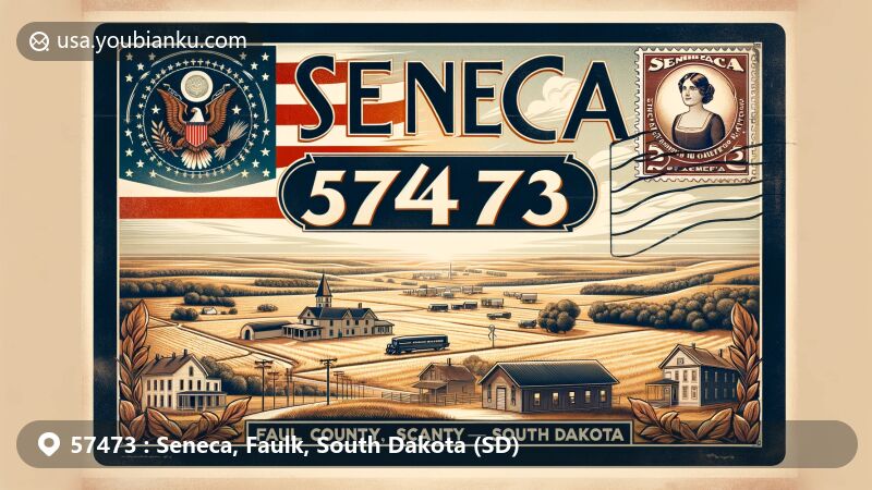 Vintage illustration of Seneca, Faulk County, South Dakota, portraying airmail envelope with ZIP code 57473, showcasing landmarks, state flag, rural landscape, post office, vintage stamp of Judith Evelyn, and classic font for the ZIP code.