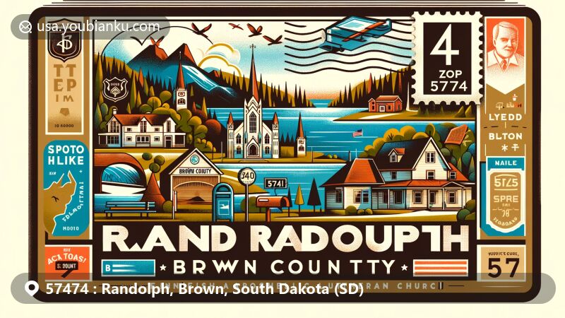 Modern illustration of Randolph, Brown County, South Dakota, featuring postal theme with ZIP code 57474, showcasing natural scenery and historical landmarks, including lakes, wildlife areas, Eastern Castle, and Finnish Apostolic Lutheran Church.