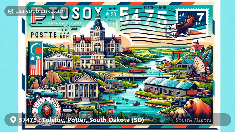 Vibrant illustration representing Tolstoy, Potter County, South Dakota with the ZIP code 57475. Features Potter County Courthouse, Green Lake, Lake Hurley, Mount Rushmore, Missouri River, and South Dakota landscapes.