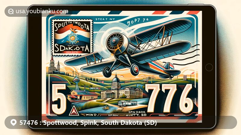 Modern illustration of Spottwood, Spink County, South Dakota, with vintage airmail envelope and South Dakota flag stamp, featuring 57476 ZIP Code and state symbols.