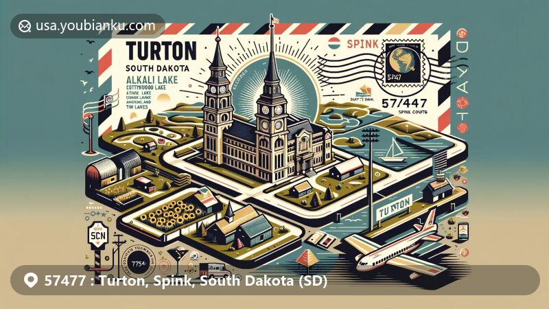 Modern illustration of Turton, Spink County, South Dakota, featuring postal theme with ZIP code 57477, showcasing iconic landmarks and geographical features such as Alkali Lake, Cottonwood Lake, and Twin Lakes.