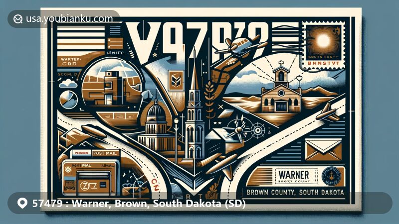 Modern illustration of Warner, Brown County, South Dakota, highlighting ZIP code 57479, showcasing local landmarks and cultural symbols on a postal card and airmail envelope design.