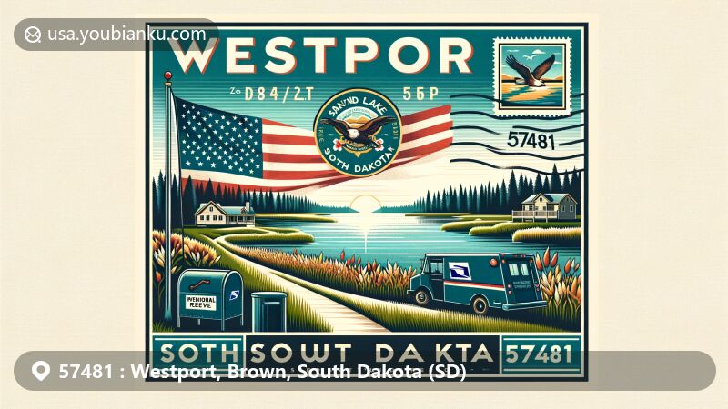 Modern illustration of Westport, South Dakota, capturing the scenic beauty of Richmond Lake and Sand Lake National Wildlife Refuge with ZIP code 57481, showcasing South Dakota state flag.