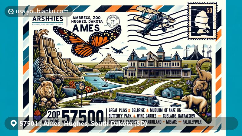 Modern illustration of Ames, Hughes, South Dakota, featuring ZIP code 57501 and iconic landmarks like Arzberger Site, Great Plains Zoo, Butterfly House, Custer State Park, Badlands National Park, Reptile Gardens, Dinosaur Park, and more.