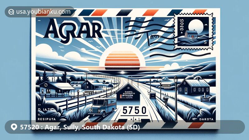 Modern illustration of Agar, Sully County, South Dakota, depicting postal theme with ZIP code 57520, showcasing small-town charm and possibly featuring Dakota Sunset Museum or Oahe Downstream Recreation Area.