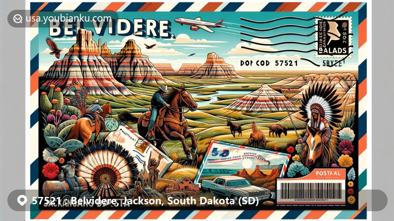 Modern illustration of Belvidere, Jackson, South Dakota (SD) with ZIP code 57521, featuring Badlands National Park, Petrified Gardens, rodeos, Indian Powwows, postal stamp, and postmark.