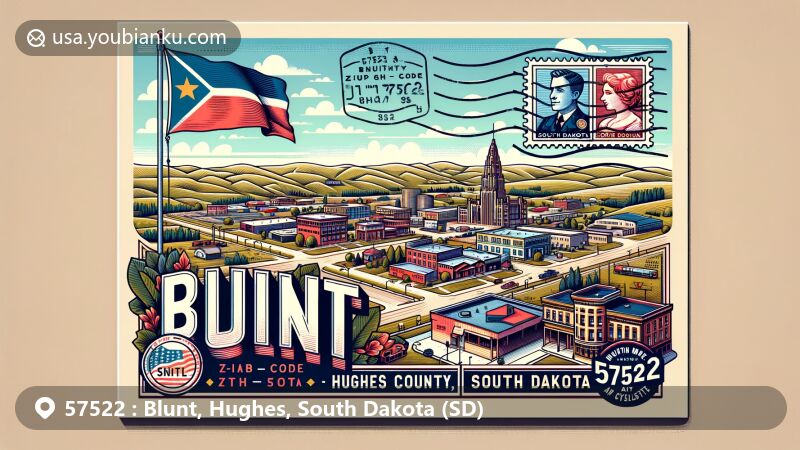Modern illustration of Blunt, Hughes County, South Dakota, showcasing postal theme with ZIP code 57522, featuring South Dakota state flag, cityscape, air mail envelope, postal mark, mailbox, and mail truck.