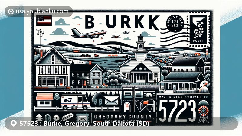 Modern illustration of Burke, Gregory County, South Dakota, showcasing postal theme with ZIP code 57523, featuring rural landscapes, local architecture, and key landmarks.