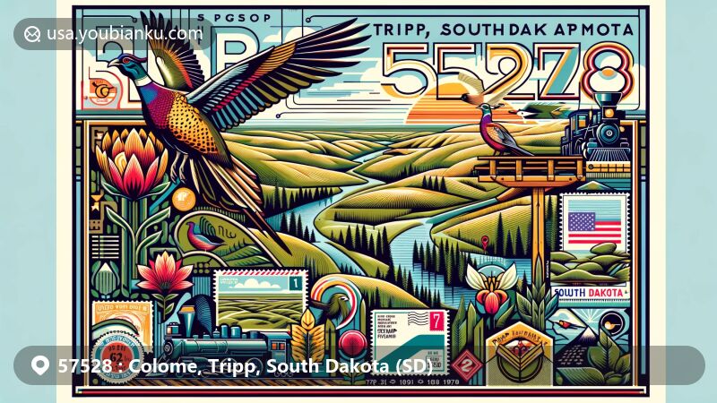 Modern illustration of Colome, Tripp, South Dakota, showcasing postal theme with ZIP code 57528, featuring iconic symbols of South Dakota like the Ring-necked pheasant, American pasque flower, and Black Hills spruce.