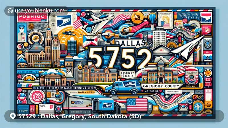 Contemporary depiction of Dallas, Gregory County, South Dakota, showcasing postal elements and ZIP code 57529, featuring postcard, airmail envelope, stamps, and local town highlights.