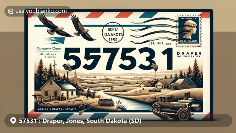 Modern illustration of Draper, Jones County, South Dakota, highlighting postal theme with ZIP code 57531, featuring townscape, prairie landscape, hunting, fishing, South Dakota state symbols, and classic postal elements.
